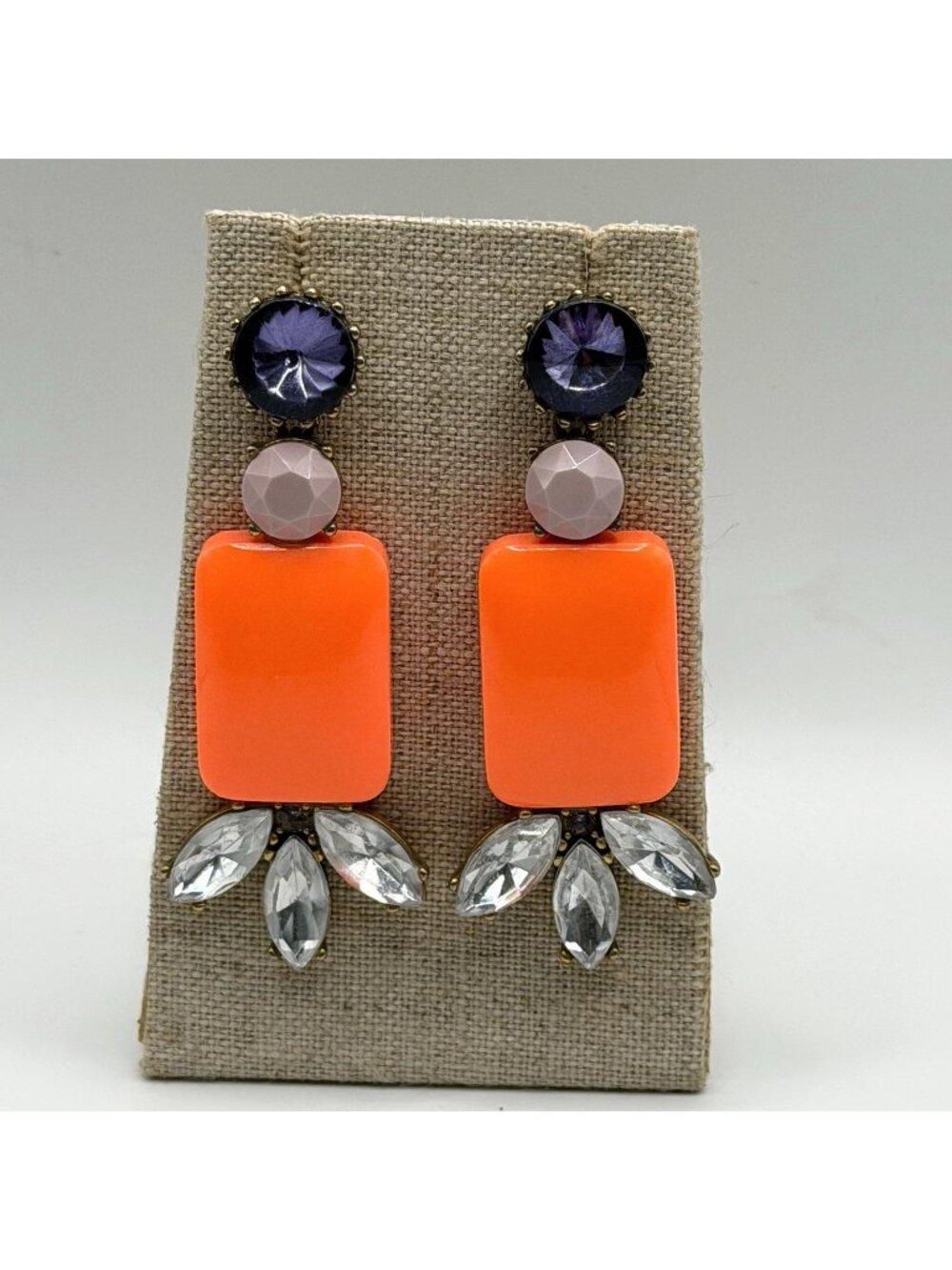 J Crew Fluorescent‎ Coral & Colorful Rhinestone Gold Tone Pierced Earrings